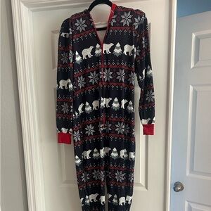 NEW Tipsy Elves Women’s Christmas Onesie Pockets Hooded Navy Blue Bears Medium